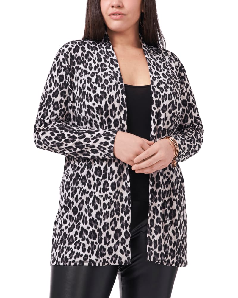 Front of a model wearing a size 1X Abigail Open Front Cardigan in DARK PEWTER by Vince Camuto. | dia_product_style_image_id:261470